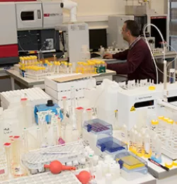 Lab environment, a scientist is seen in the background with lab equipments in the foreground.